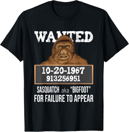 Nerdy Sasquatch Gifts Wanted Sasquatch aka Bigfoot - Funny Sasquatch , Black, Small T-Shirt