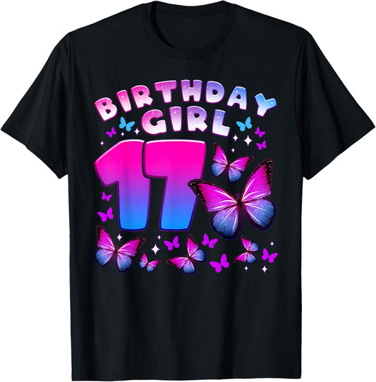 Birthday Girl 17 Year Old, Butterfly, Number 17 T-Shirt