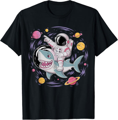 Astronaut Riding Shark Birthday Party in Outer Space T-Shirt