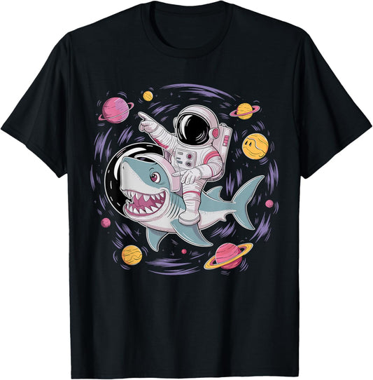 Astronaut Riding Shark Birthday Party in Outer Space T-Shirt