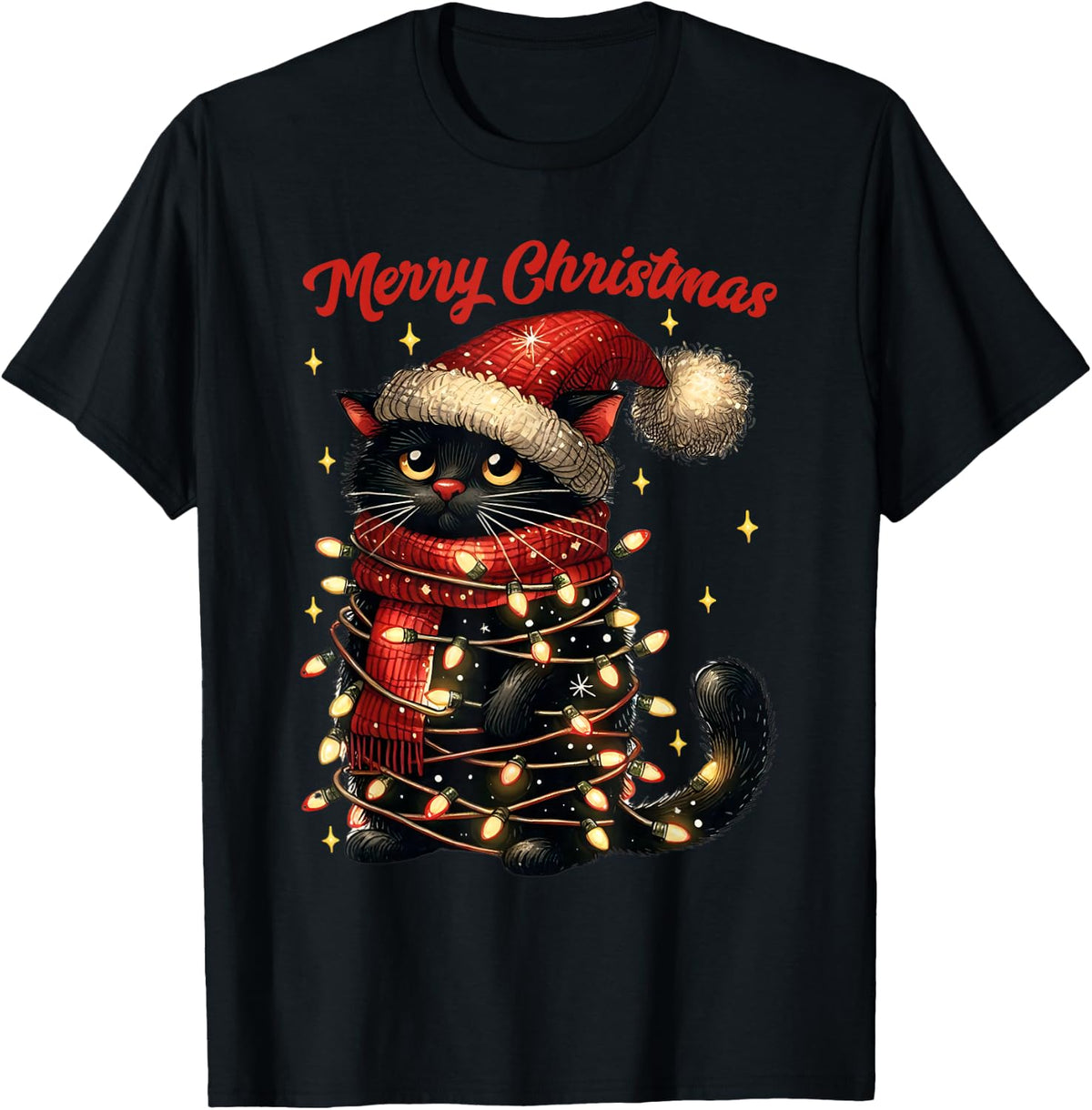 Christmas Outfit Cat with Christmas Lights Christmas , black T-Shirt