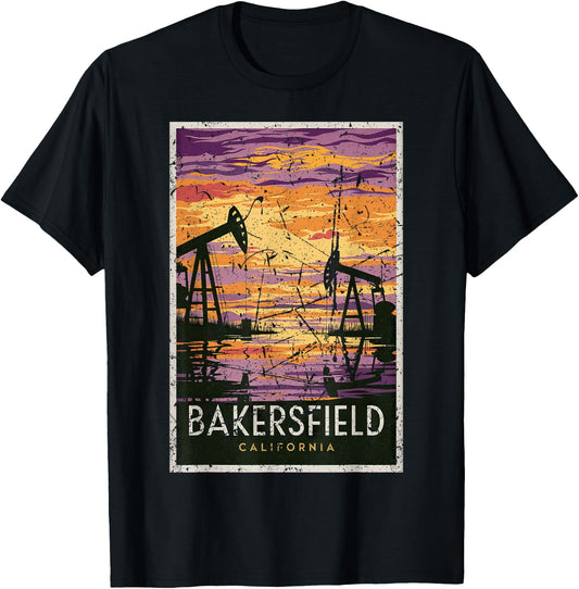 Bakersfield Sunset Oil Fields Retro Travel Art Print T-Shirt