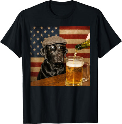 Black Lab Drinking Beer Funny Dog Glasses with Hat Meme T-Shirt