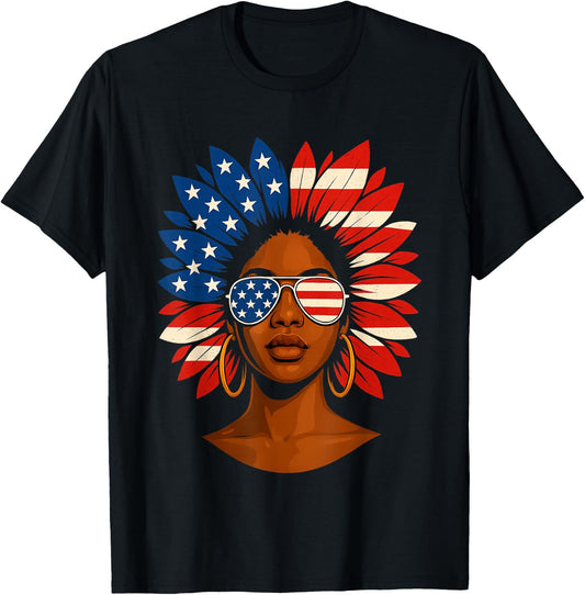 Afro Sunflower African American 4th of July Melanin T-Shirt