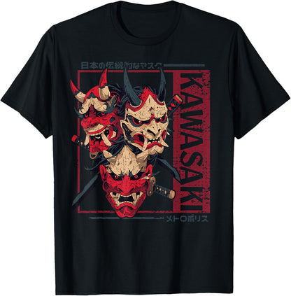 Kawasaki City Retro Japanese Noh Masks 80s Kawasaki , Black, S T-Shirt
