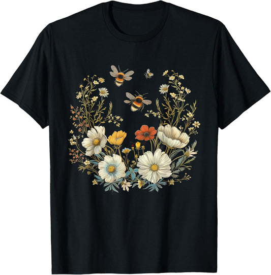 Bee Flowers Cottagecore Floral Botanical Beekeeper , black T-Shirt