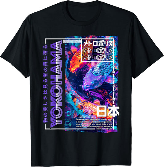Yokohama City 80s Synthwave Koi Carp Japan Yokohama , black T-Shirt