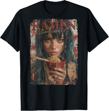 Backprint Pin-up Girl Ramen Noodle Anime Manga Asian Ramen , black T-Shirt