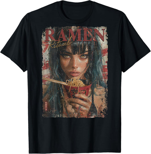 Backprint Pin-up Girl Ramen Noodle Anime Manga Asian Ramen , black T-Shirt