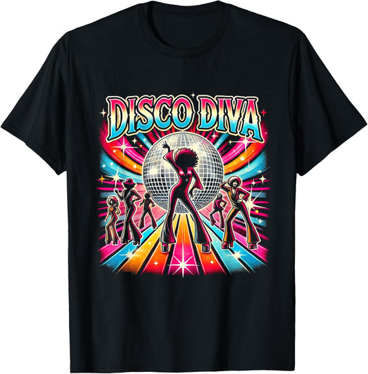 Ball Disco Diva Queen, 70s Retro Vintage Dancing , Black, S T-Shirt