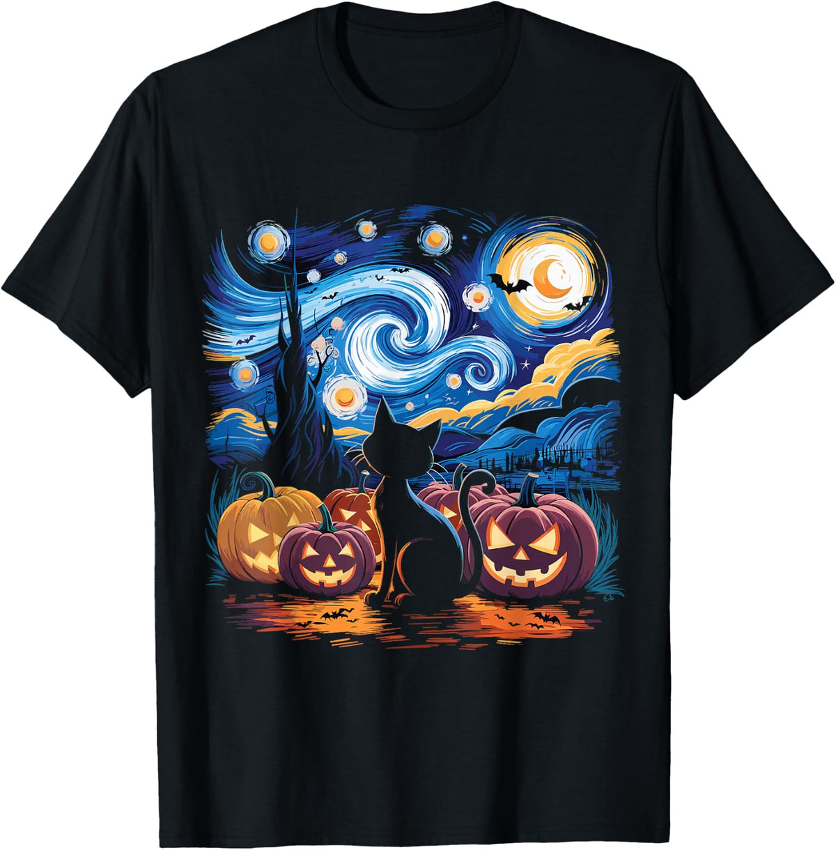 Halloween Van Gogh Starry Night Black Cat Pumpkin Shirt Men Women Kids T-Shirt