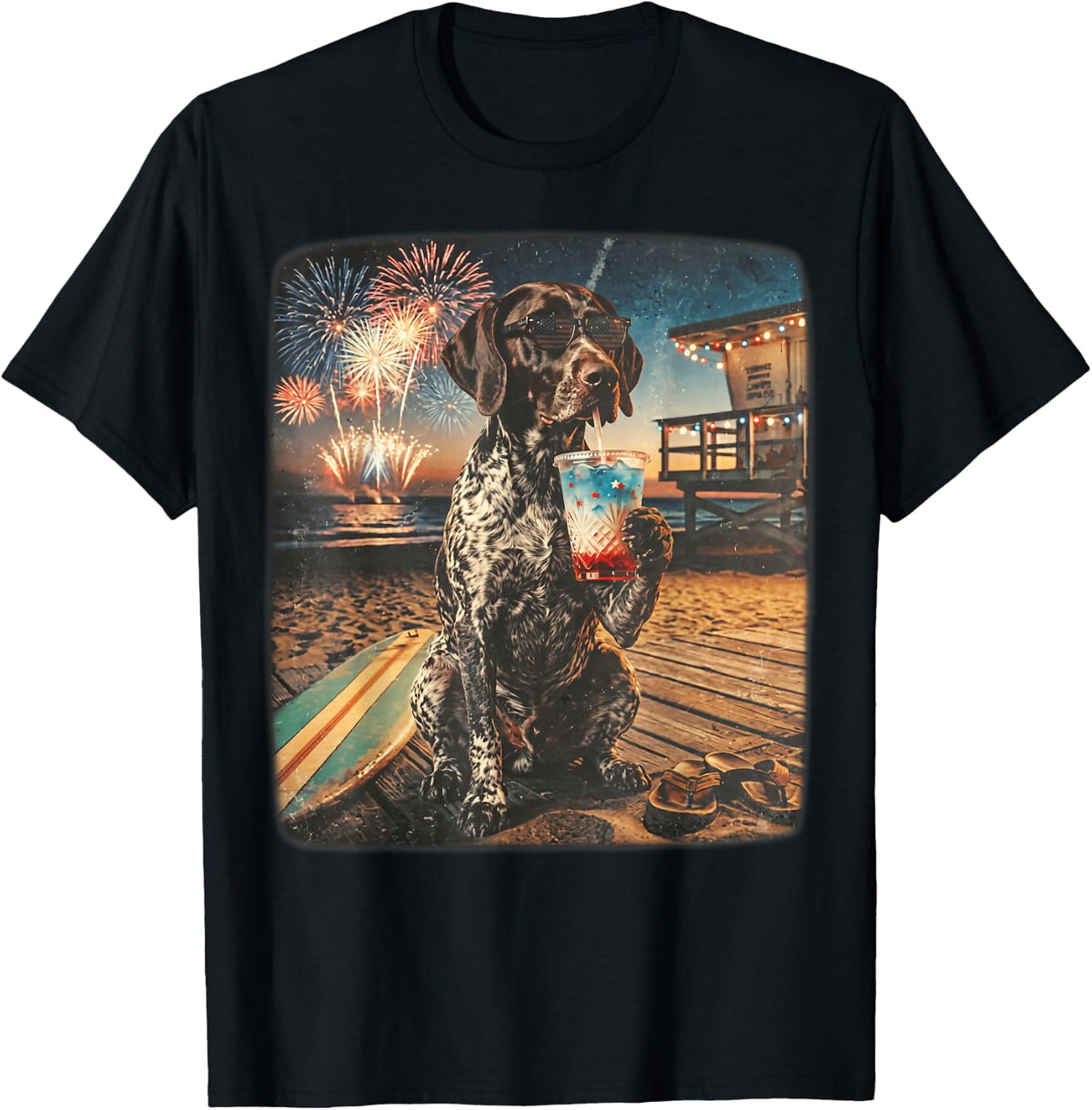 German Shorthaired Pointer Patriotic Beach Fireworks Dog Art T-Shirt