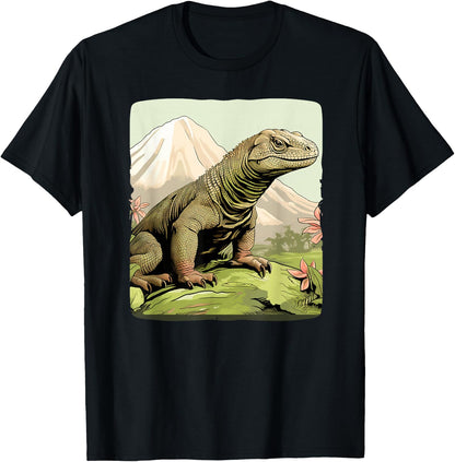Cool Komodo Dragon Outfit with Mountains for Dragon Animals , black T-Shirt