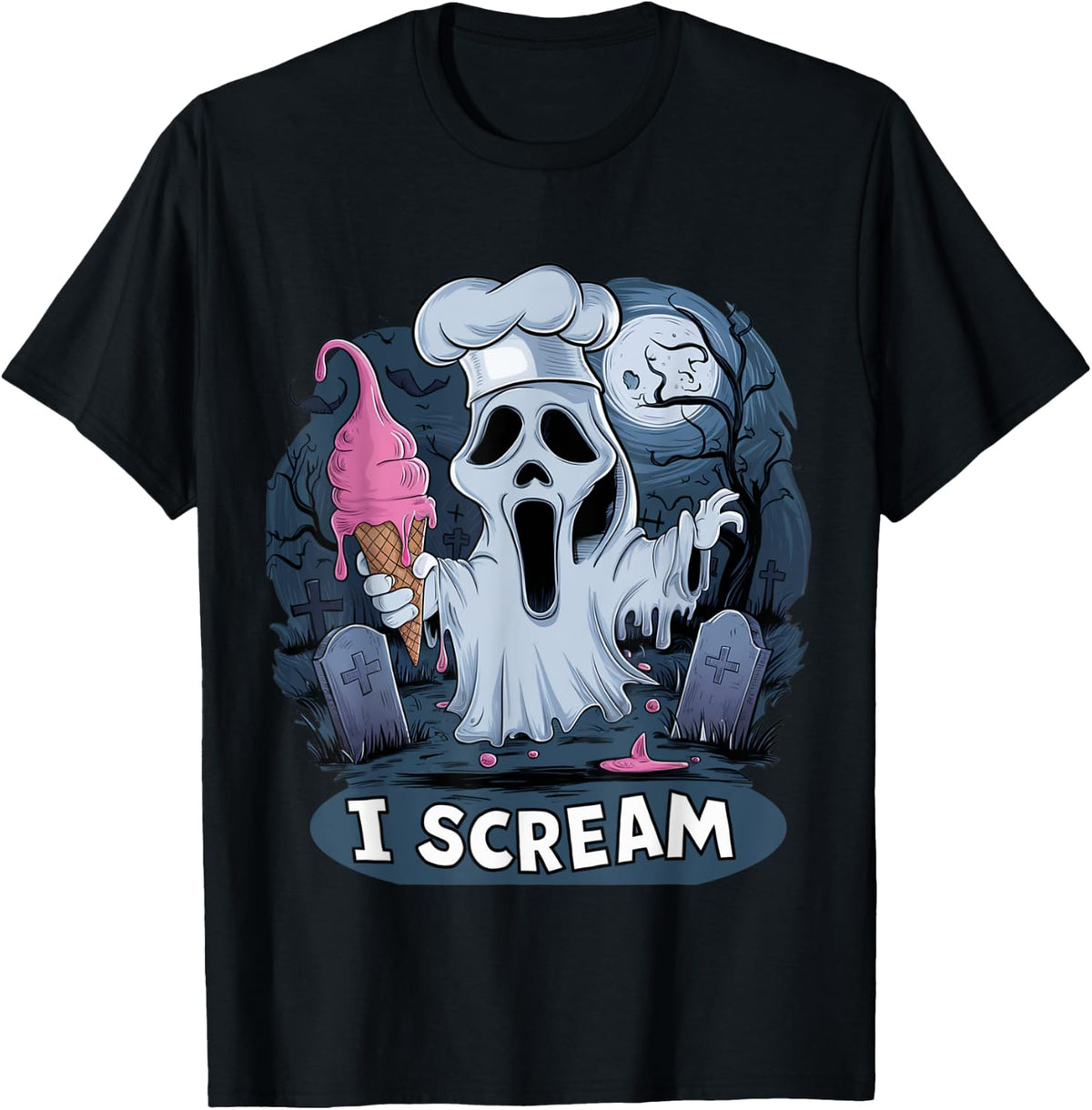 I Scream Ghost with Ice Cream Cone Funny Halloween Cemetery , Black, S T-Shirt