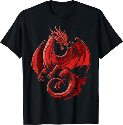 Mythical Illustration Red Dragon , Black, S T-Shirt