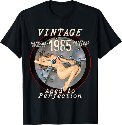 1985 Bomber Nose Art Hot Pinup 36th Birthday Gift Distressed T-Shirt