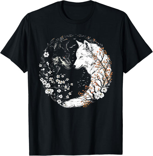 Yin Yang Of White And Black Wolves With Flower Wolf Lover T-Shirt