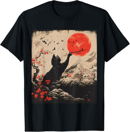 Japanese Art Theme Vintage Retro Funny Cute Kawaii Cat Japanese , Black, S T-Shirt