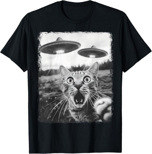 Alien Selfie Alien UFO Tabby Cat , Black, S T-Shirt