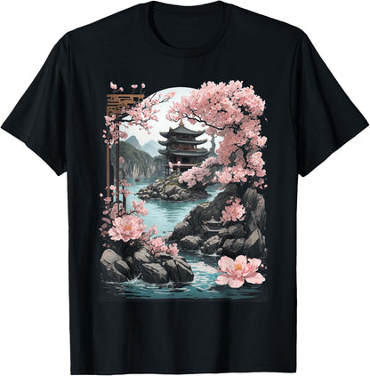 Japanese Chinese Temple Sakura Cherry Blossom Landscape , black T-Shirt