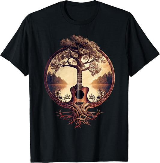 Acoustic Guitar Tree at the Edge of the Lake for Guitarist , Black, S T-Shirt