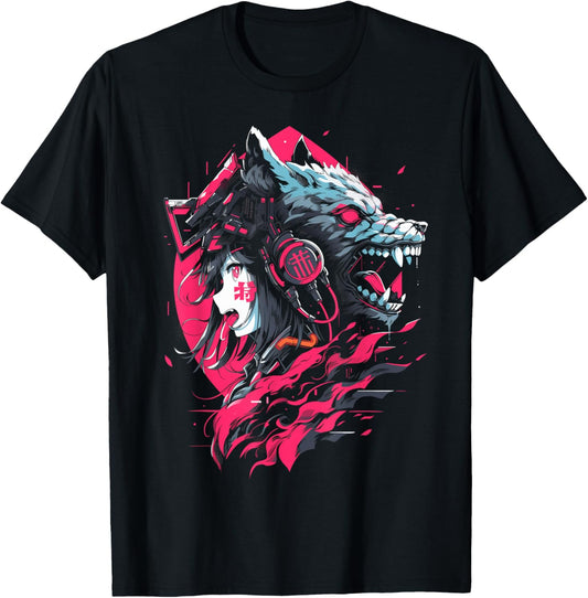 Anime Manga Cyberpunk Aesthetic Techwear Harajuku Wolf , black T-Shirt