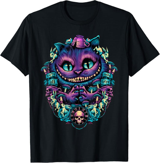 Alice in Wonderland Cheshire Cat All Mad Here , black T-Shirt