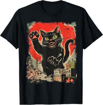 Funny Giant Black Cat Japanese Kaiju Art T-Shirt