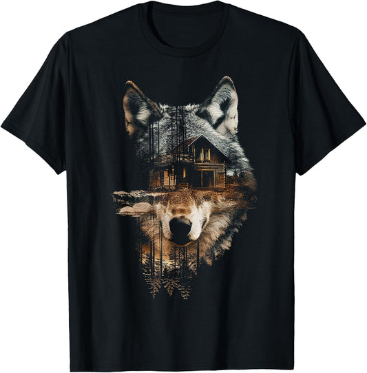 Wolf Nature House Animals Trees Illustration Art Wolf , Black, S T-Shirt