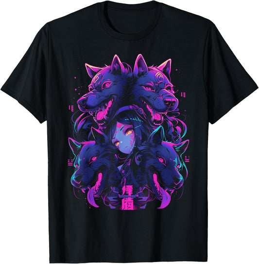 Anime Manga Cyberpunk Aesthetic Techwear Harajuku Wolf , black T-Shirt