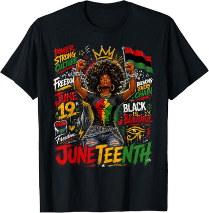 Juneteenth Afro Woman Breaking Every Chain Graffiti Freedom T-Shirt