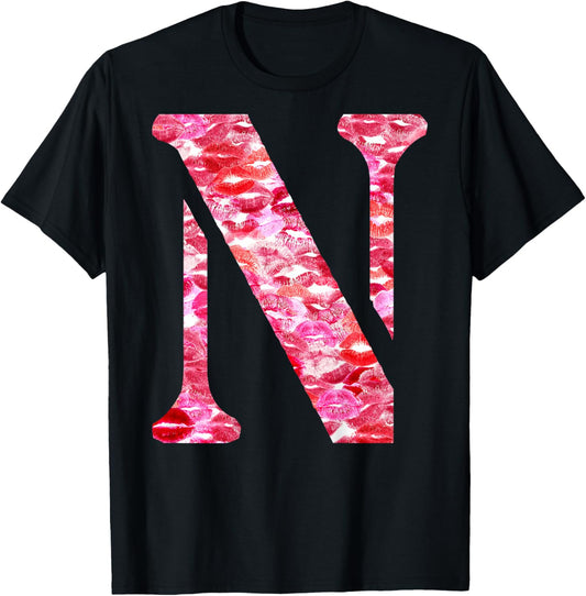 Back Print Only - Lipstick Kisses For Boyfriend Letter N , Black, S T-Shirt