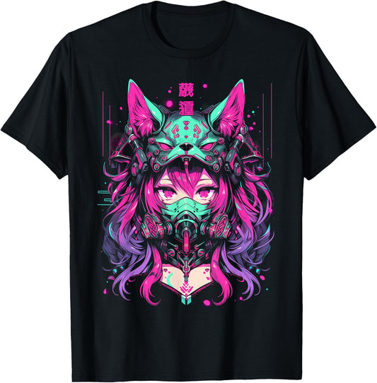 Anime Manga Cyberpunk Aesthetic Techwear Harajuku Wolf , black T-Shirt