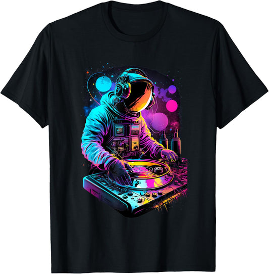 Astronaut DJ, Festival DJing EDM Psytrance Techno Retro , Black T-Shirt