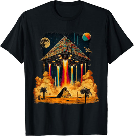 Alien Pyramid Ancient UFO Spaceship Design Astronaut Ancient , Black, S T-Shirt