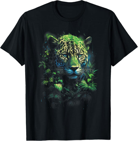 Animal Predator Jaguar Artwork Majestic Jaguar Jungle Wildlife Illustration - Black, -Adults, -Kids, Short Sleeve, Straight, Modern, Casual, All Seasons T-Shirt