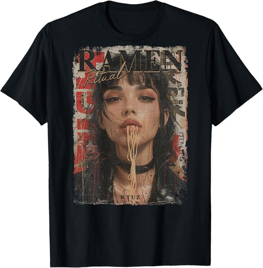 Backprint Pin-up Girl Ramen Noodle Anime Manga Asian Ramen , black T-Shirt