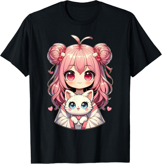 Anime Cute Cat Lovers Kawaii Manga Otaku Anime Girl Pink , Black, S T-Shirt