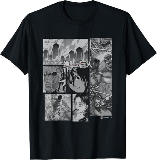 Attack on Titan Eren Vs Titans Split Anime Panels , black T-Shirt