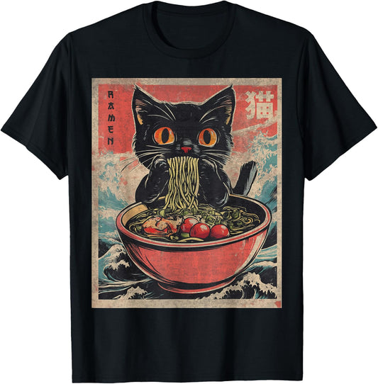 Anime Shirt Women Kids Cat Ramen Noodles Anime Cat Ramen Japanese Funny Graphic Kawaii Cat Anime Gifts Black XS T-Shirt